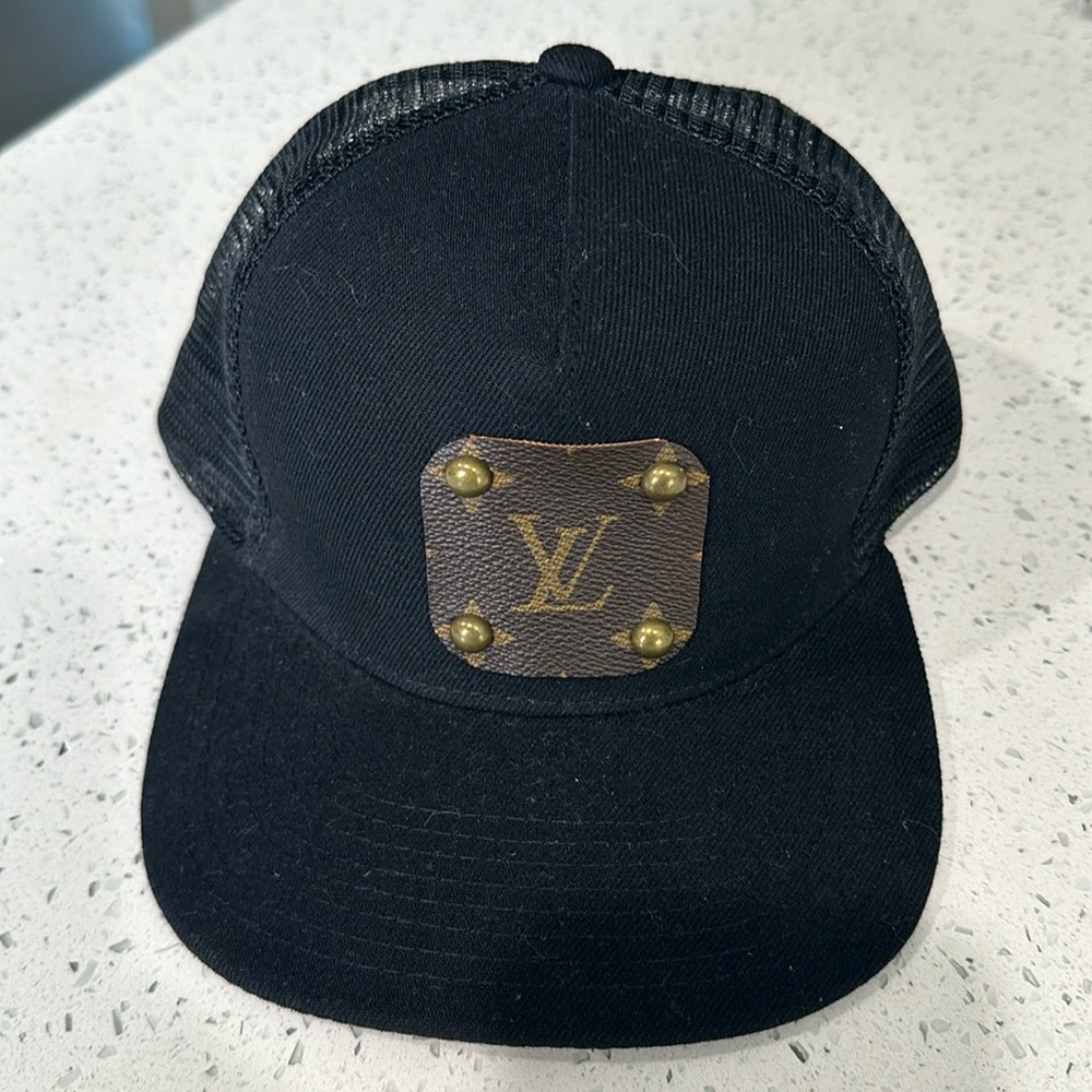 Hat with up-cycled Louis Vuitton patch